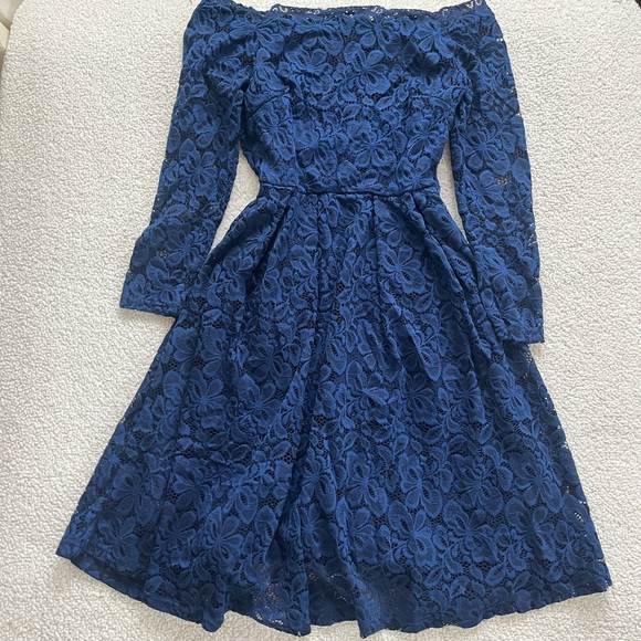 Elegant Navy Blue Lace floral Dress size S - Picture 2 of 10